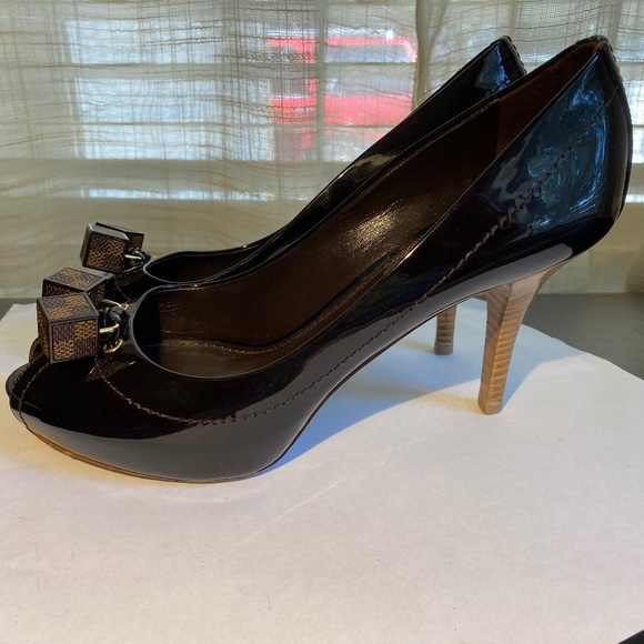 Louis Vuitton open toe brown leather pumps Damier cube heels 36.5 dice sandals - Picture 2 of 9